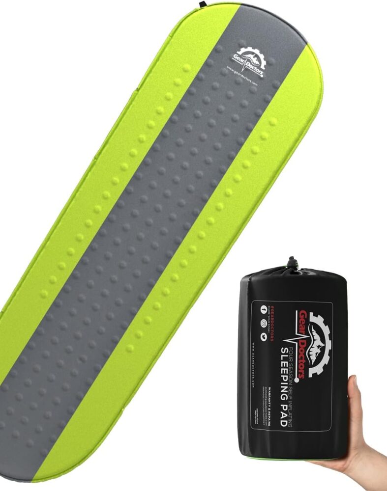 Gear Doctors® Oxylus 4.3 R-Value Insulated Foam Self Inflating Sleeping Pad Camping — Sleeping Pad Backpacking Air Mattress—Camping Mattress Self Inflating Camp Mat 4 Seasons Sleep Mat—Camp/Floor/Tent