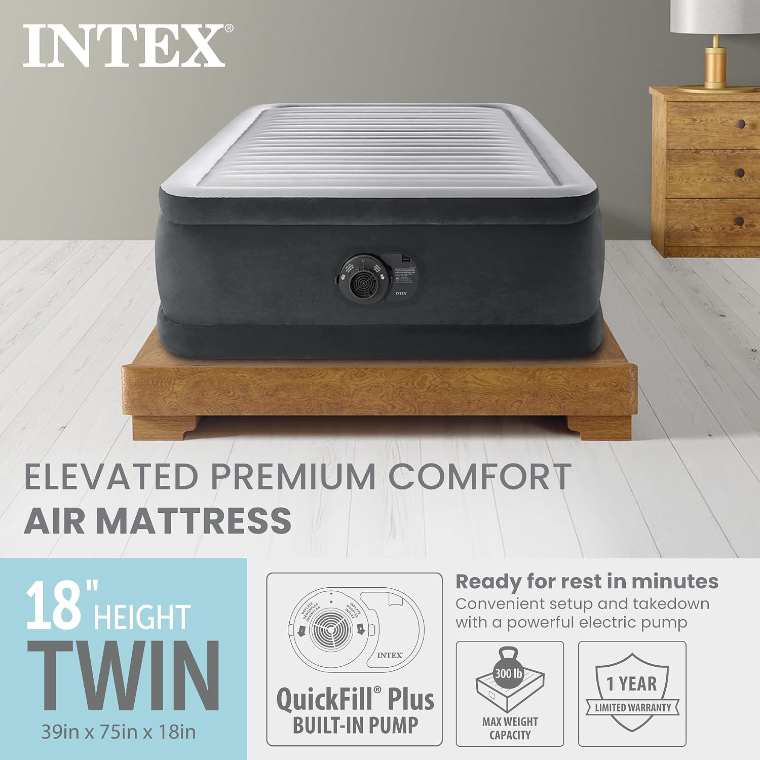 Intex Dura-Beam Deluxe 18" Twin Size Air Mattress with Built-in Pump - Image 2