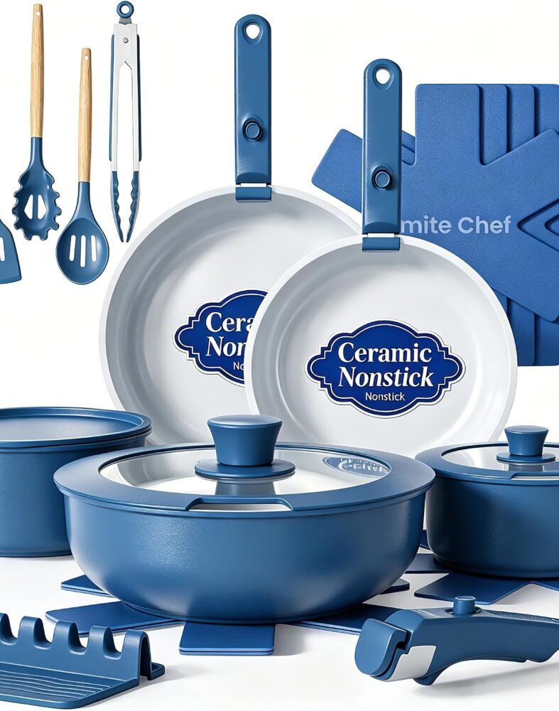 Umite Chef Pots and Pans Set Non Stick, 21 pcs Ceramic Cookware Set with Detachable Handles, Healthy Induction Cookware, RV Kitchen Cooking Set, with Utensils & Frying Pans Set, PFAS PFOA & PTFE Free