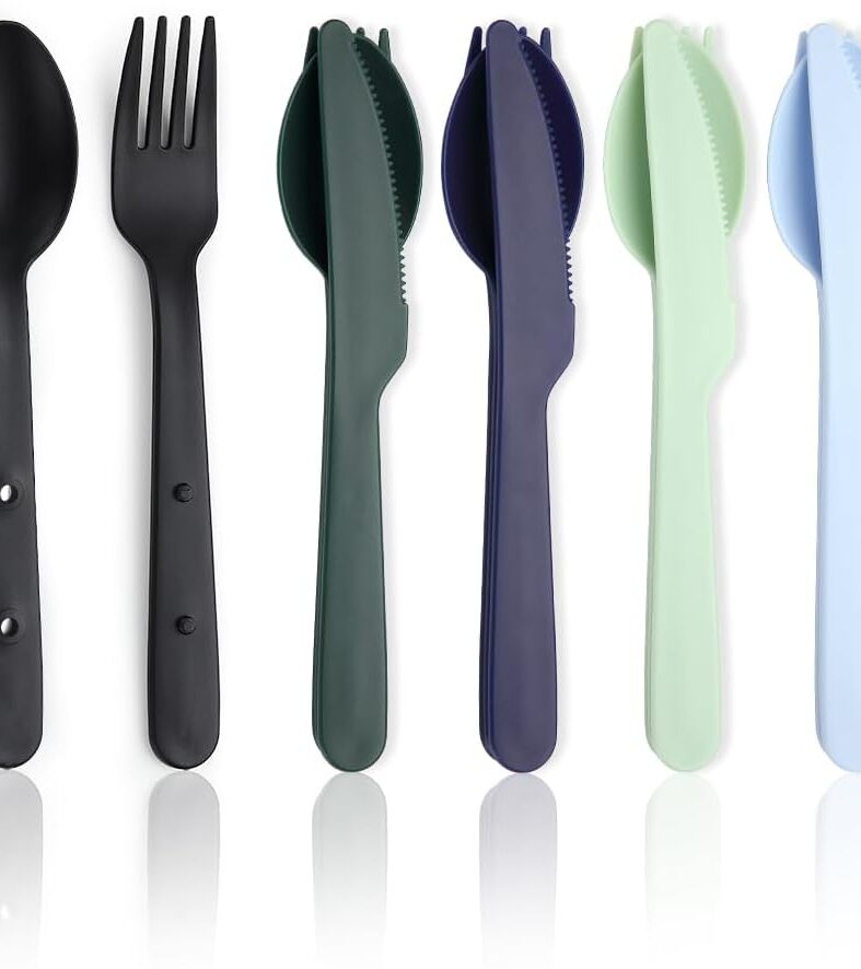 Evanda Travel Utensils Set for 6, Reusable Plastic Knife Fork Spoon Snapped Together for Easy Portability and Save Space, Silverware Cutlery Utensils Set for Work, Camping, Picnic, Gadgets, Lunch Box